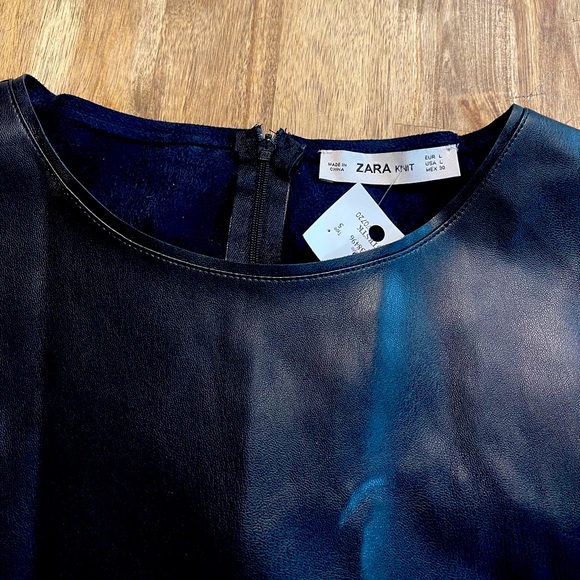 Zara faux leather knit black ruffle side knit stretch dress new - Picture 1 of 3